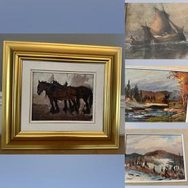 MaxSold Auction: This online auction features Claude Volkenstein oil painting, Lian Pica Birt abstracts, antique coloured etchings, Enook Manomie Inuit print, Patrick Morris Hickman oil painting, Don Chase wood carvings, Chinese Cloisonne vase, Toby jugs, art glass, teacup/saucer sets, clarinet and much more!